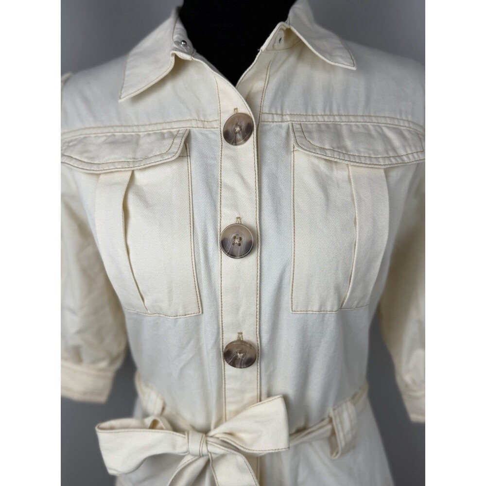 MINKPINK Cream Utility Shirt Dress Puff Sleeve Button Front Belted Dress Medium - Picture 5 of 16